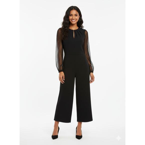 Adelyn Rae Sz L Black Jumpsuit Open Back Sheer Sleeves Wide Leg Classic Elegant - Picture 1 of 15